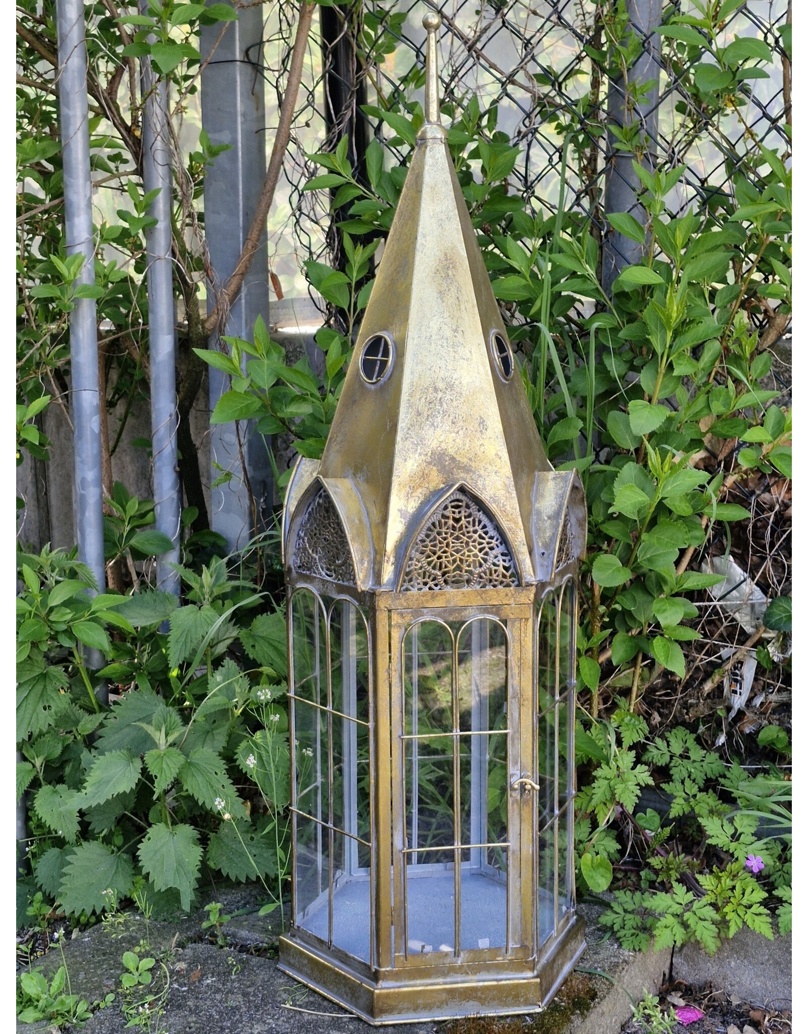 JB Miscellaneous - Steeple Shaped Tin Lantern with Glass Windows Large