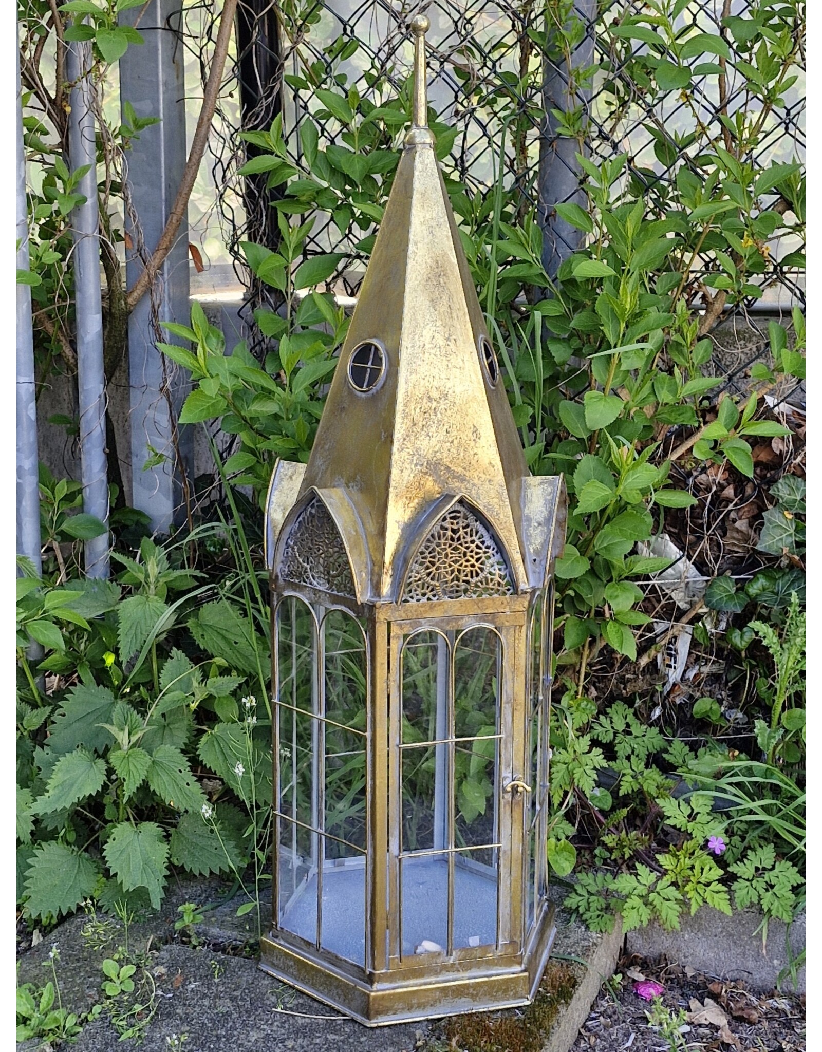 JB Miscellaneous - Steeple Shaped Tin Lantern with Glass Windows Large