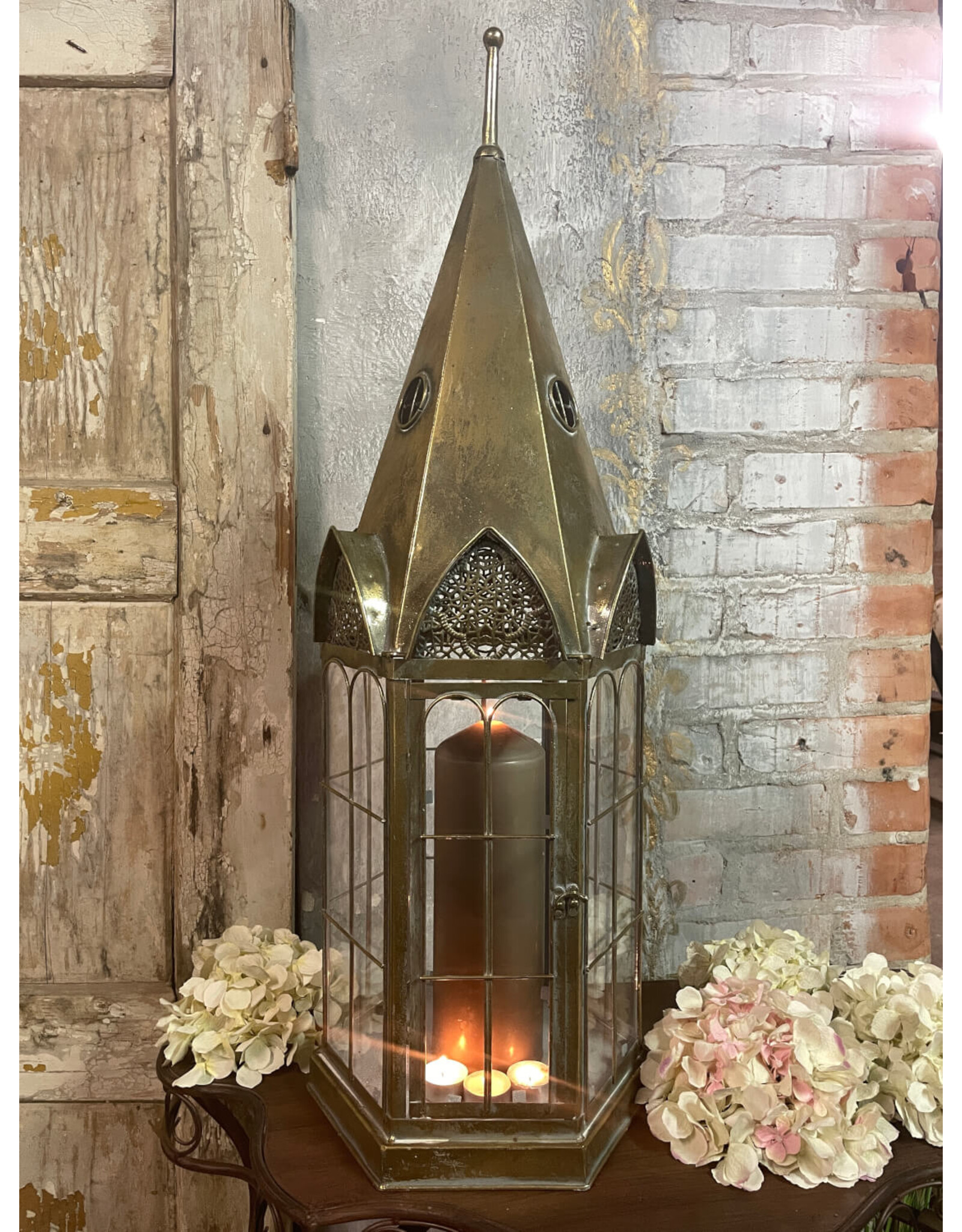 JB Miscellaneous - Steeple Shaped Tin Lantern with Glass Windows Large