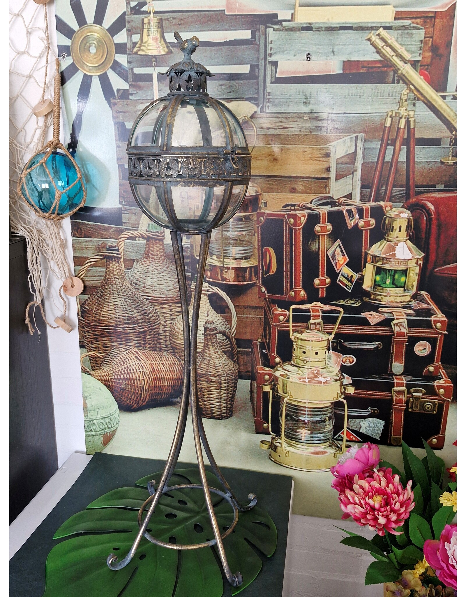 JB Miscellaneous - Tall Lantern on Legs Glass Globe with Bird