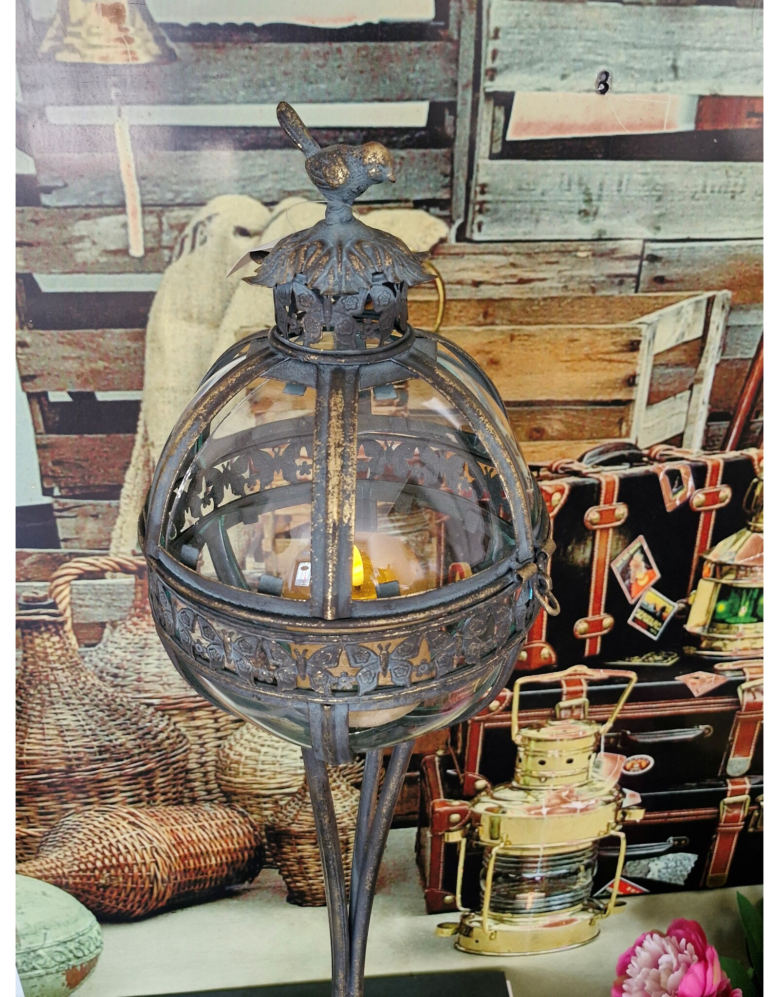 JB Miscellaneous - Tall Lantern on Legs Glass Globe with Bird