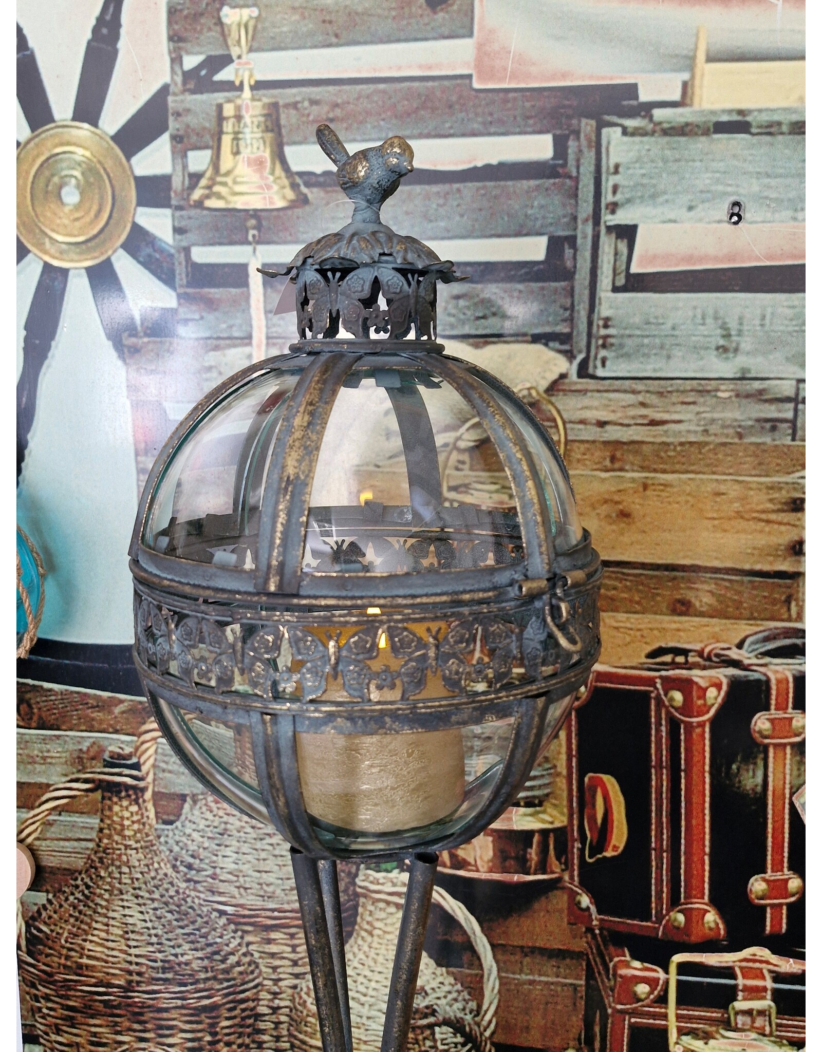 JB Miscellaneous - Tall Lantern on Legs Glass Globe with Bird