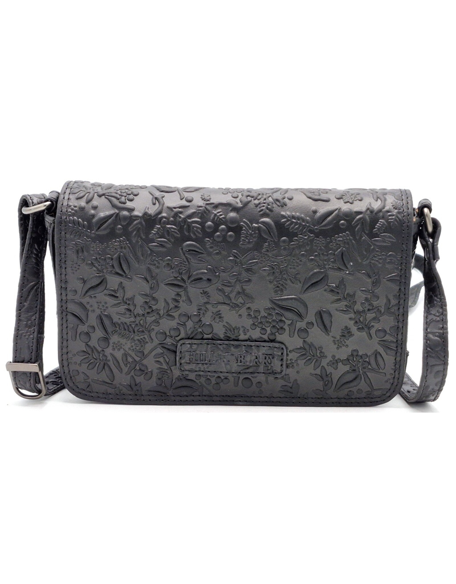 HillBurry Leren Festivaltasjes, heuptassen en riemtassen - HillBurry Leren Schoudertasje Bladeren Relief zwart