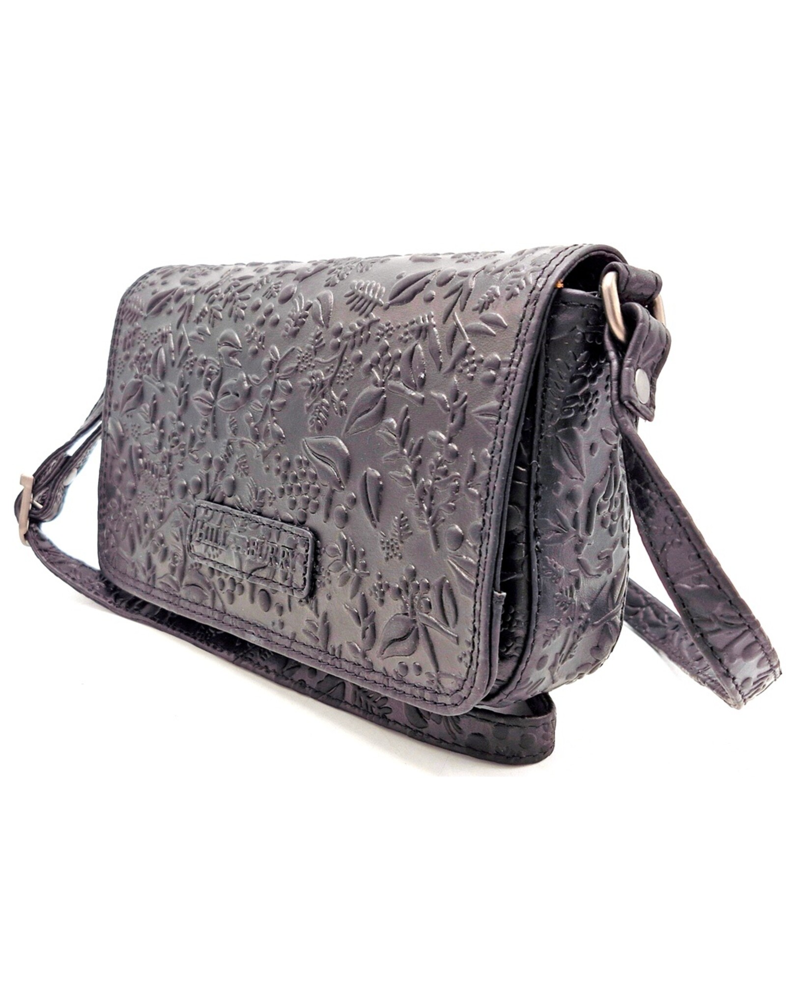 HillBurry Leren Festivaltasjes, heuptassen en riemtassen - HillBurry Leren Schoudertasje Bladeren Relief zwart