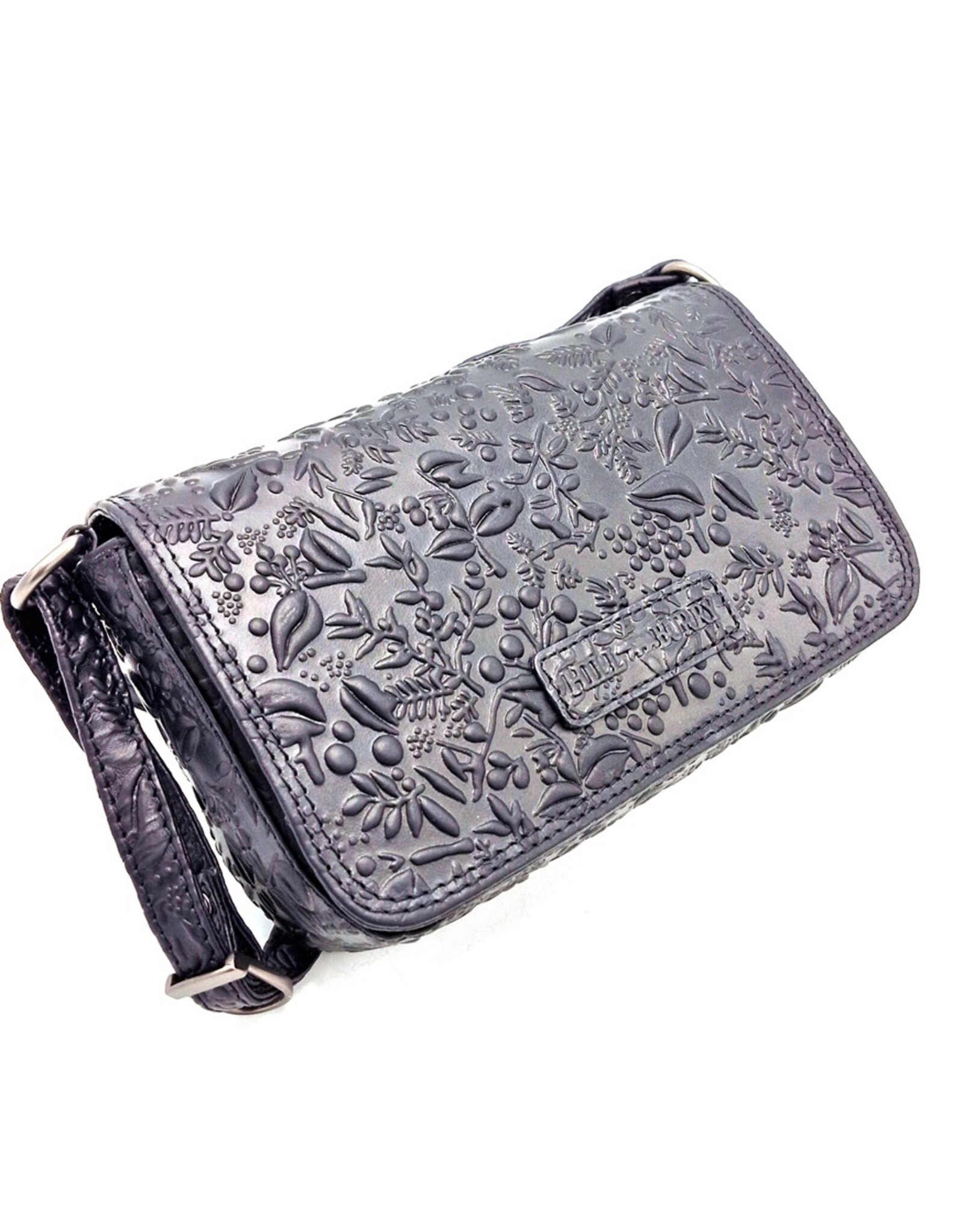 HillBurry Leren Festivaltasjes, heuptassen en riemtassen - HillBurry Leren Schoudertasje Bladeren Relief zwart