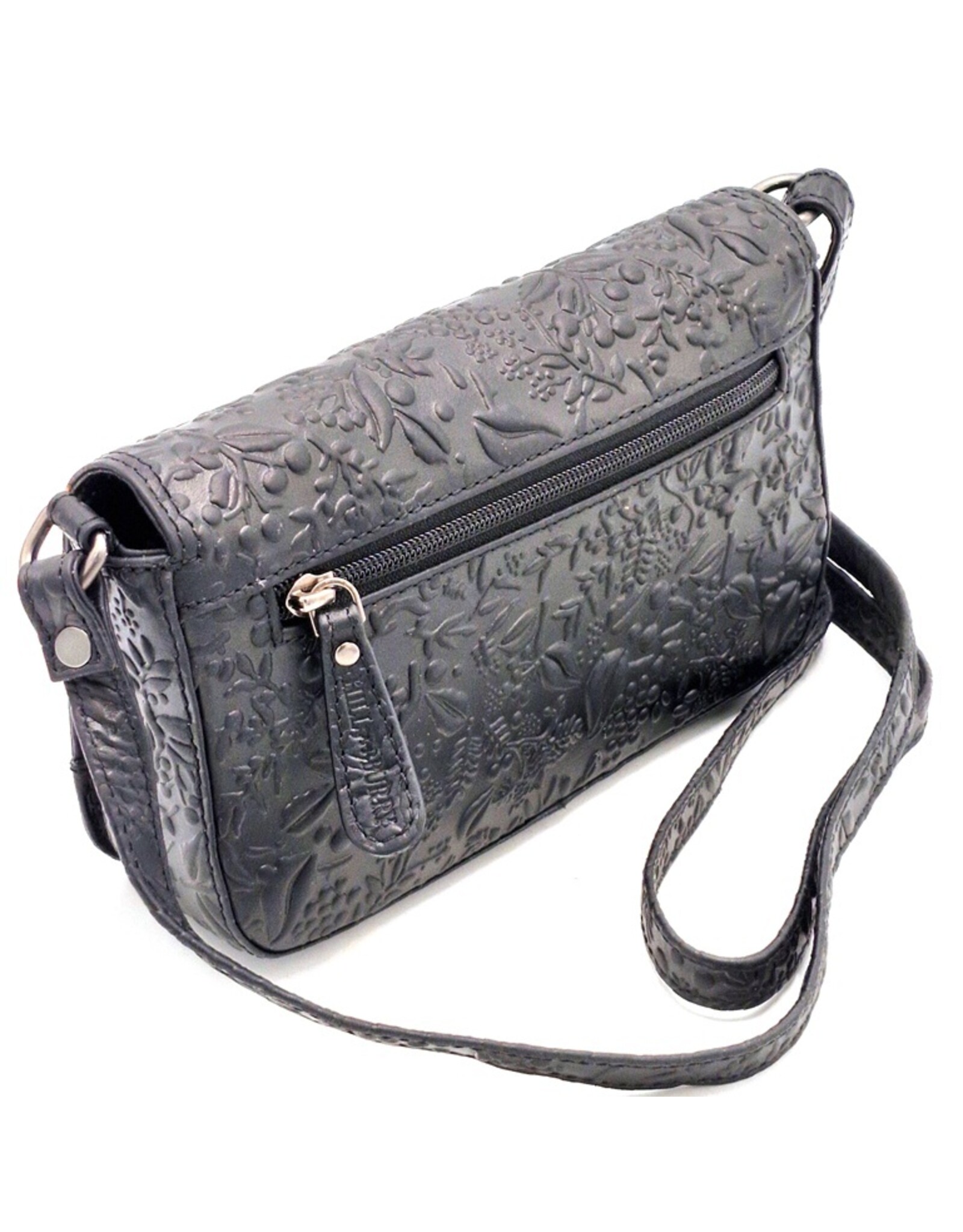 HillBurry Leren Festivaltasjes, heuptassen en riemtassen - HillBurry Leren Schoudertasje Bladeren Relief zwart