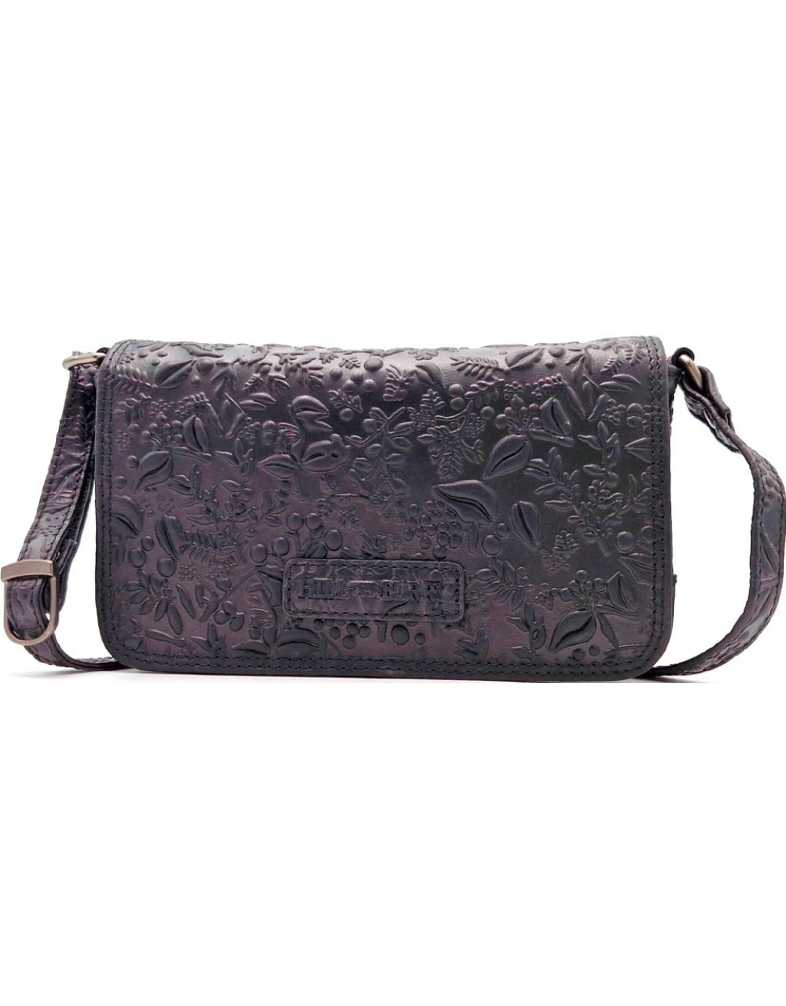 HillBurry Leren Festivaltasjes, heuptassen en riemtassen - HillBurry Leren Schoudertasje Bladeren Relief zwart