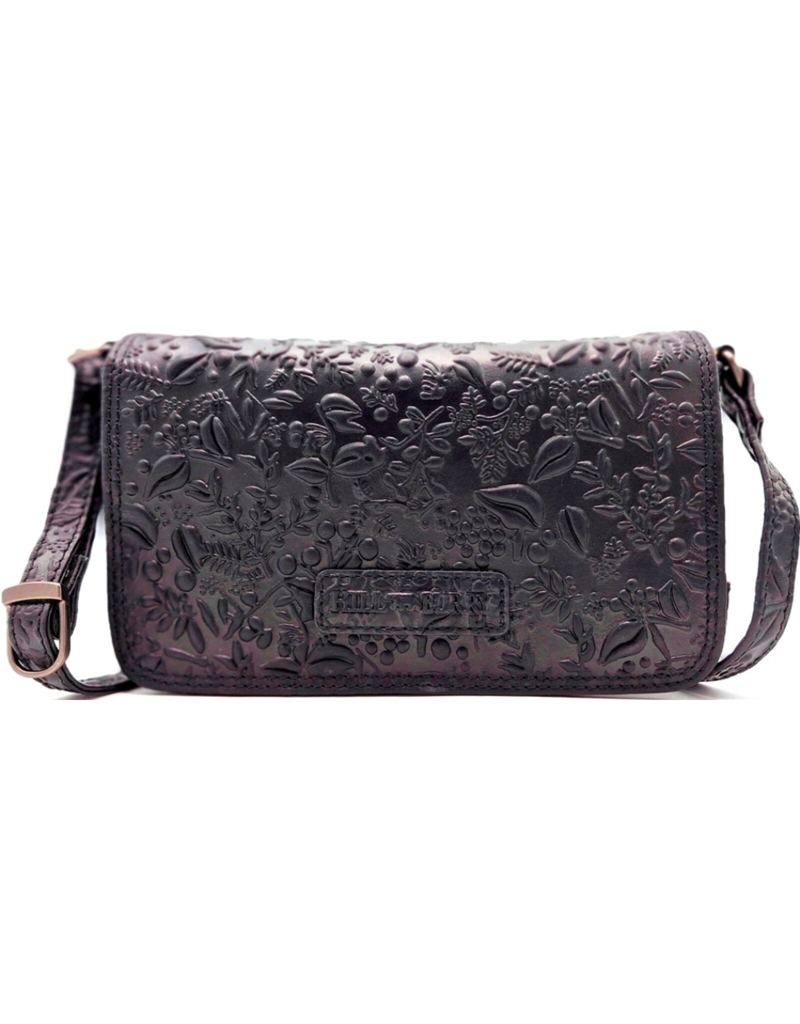HillBurry Leren Festivaltasjes, heuptassen en riemtassen - HillBurry Leren Schoudertasje Bladeren Relief zwart