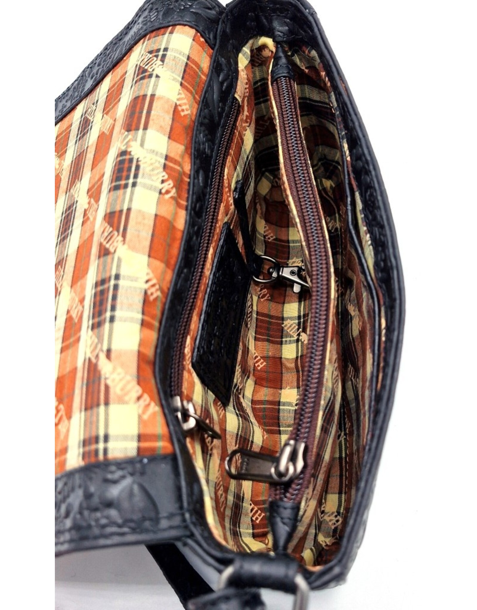 HillBurry Leren Festivaltasjes, heuptassen en riemtassen - HillBurry Leren Schoudertasje Bladeren Relief zwart