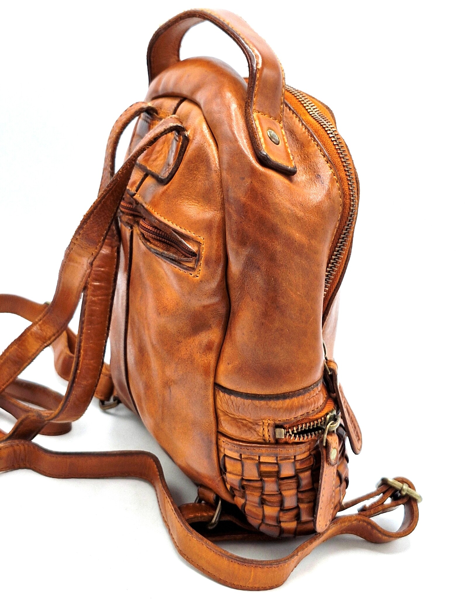 HillBurry Leather bags - HillBurry backpack Washed Leather with Wickerwork