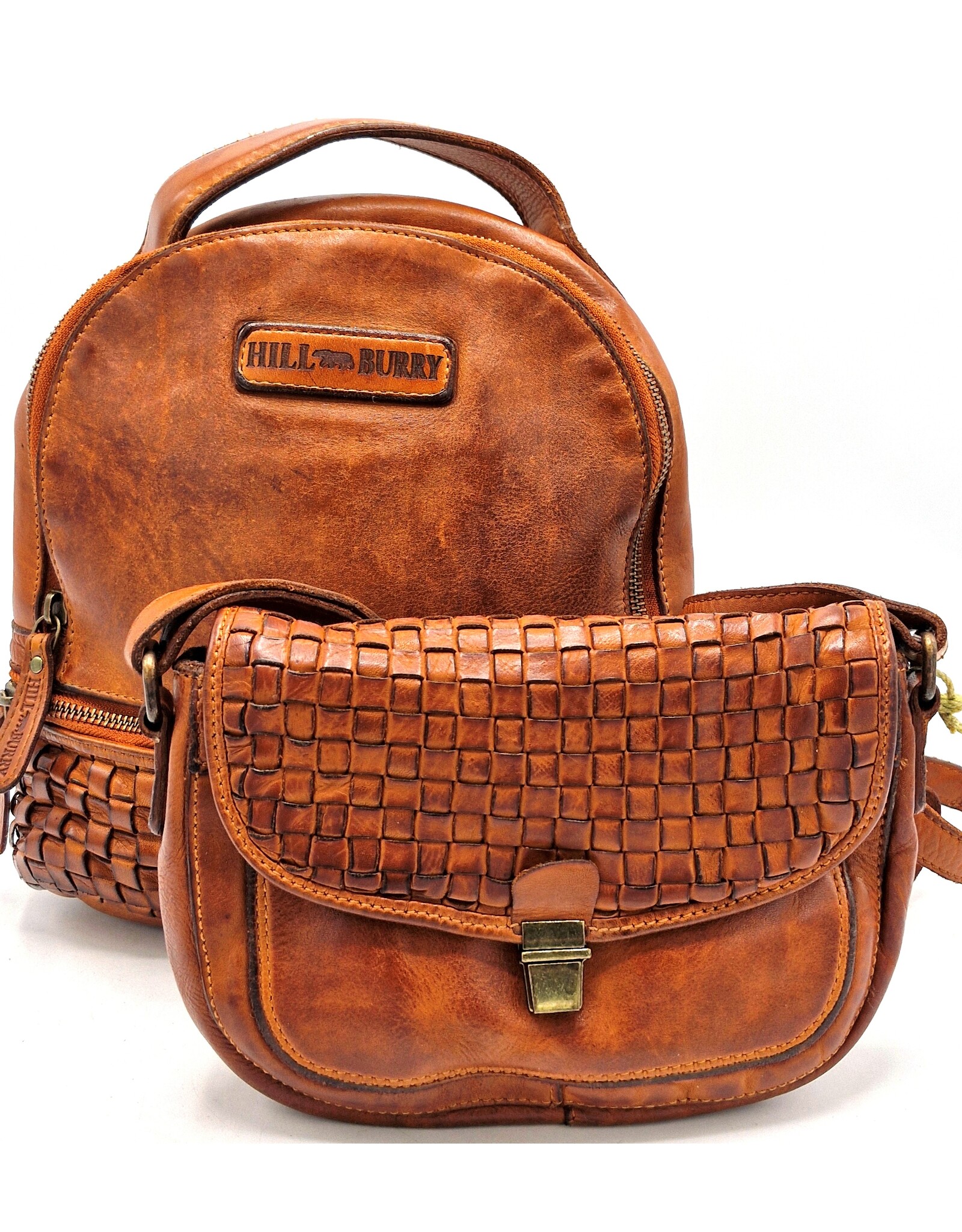 HillBurry Leather bags - HillBurry backpack Washed Leather with Wickerwork