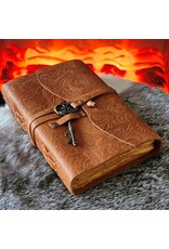 JM Handicrafts Miscellaneous - Leather Journal Embossed Flowers & Key Vintage Tan