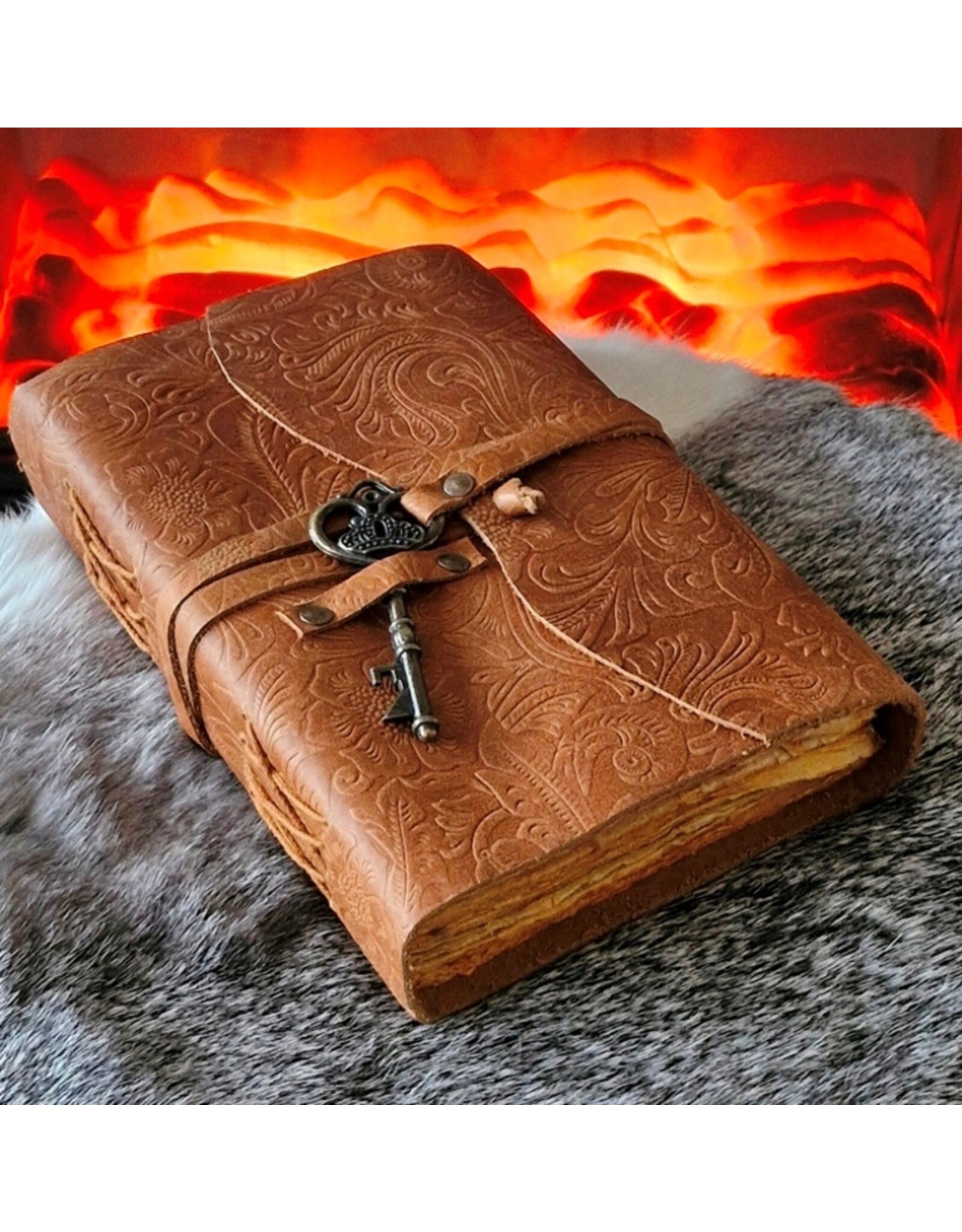 JM Handicrafts Miscellaneous - Leather Journal Embossed Flowers & Key Vintage Tan