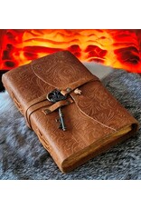 JM Handicrafts Miscellaneous - Leren Dagboek Bloemenrelief en Sleutel Vintage Tan