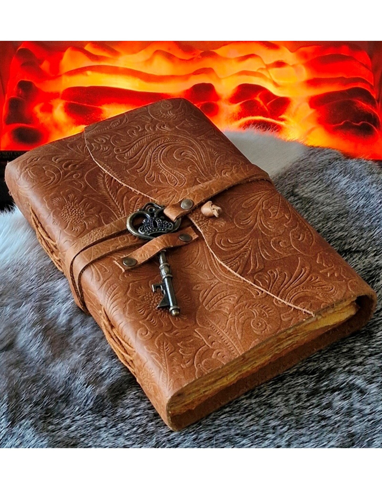 JM Handicrafts Miscellaneous - Leather Journal Embossed Flowers & Key Vintage Tan