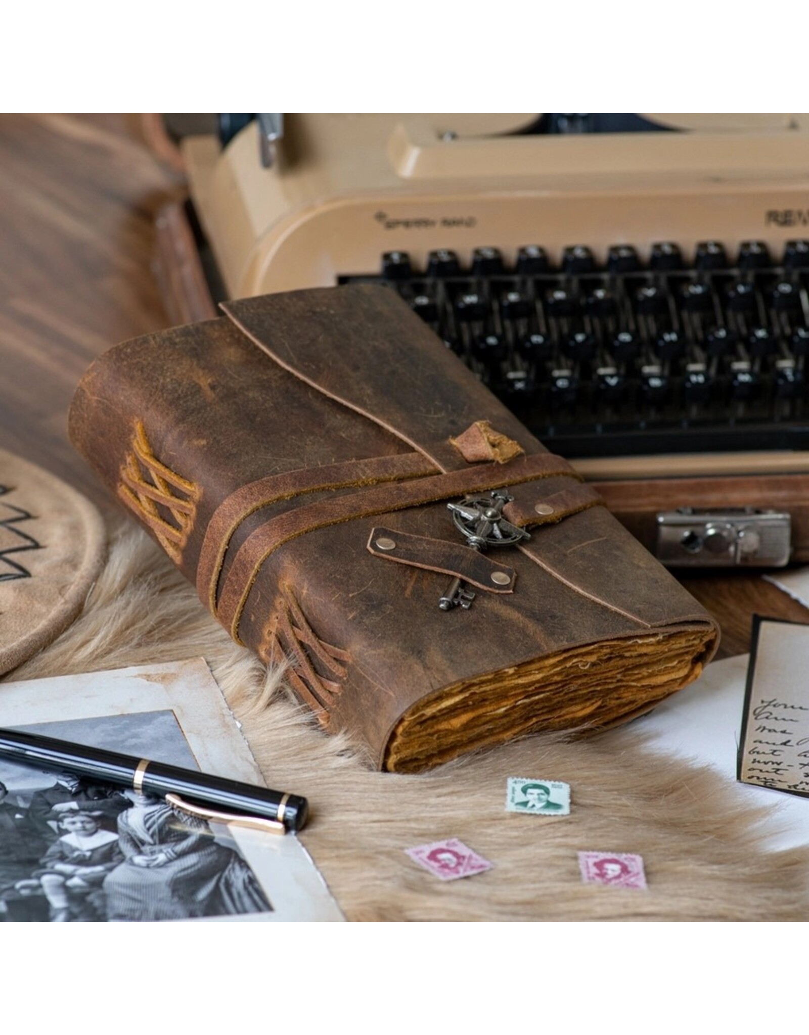 RK Handicrafts Miscellaneous - Leather Deckle-edge Notebook with Wind Rose Key 18x13cm