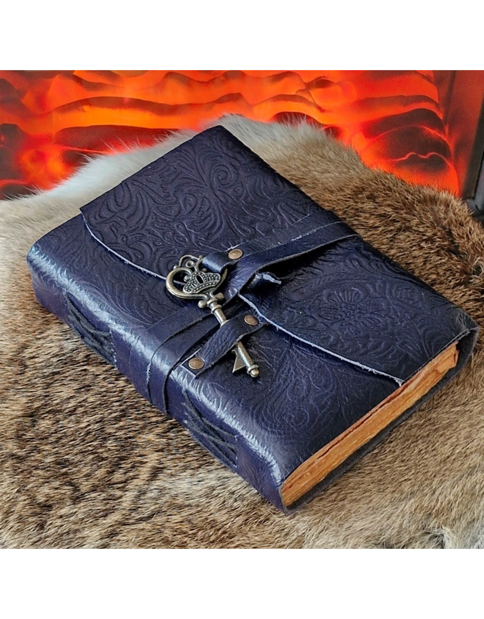 JM Handicrafts Miscellaneous -  Leather Journal Embossed Flowers & Key Vintage Dark blue