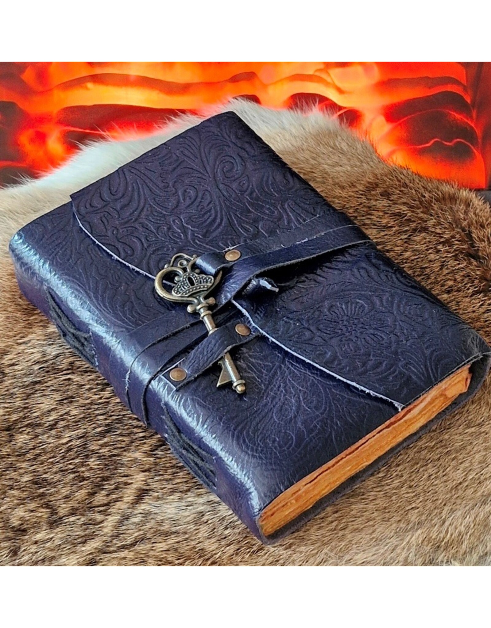 JM Handicrafts Miscellaneous -  Leather Journal Embossed Flowers & Key Vintage Dark blue