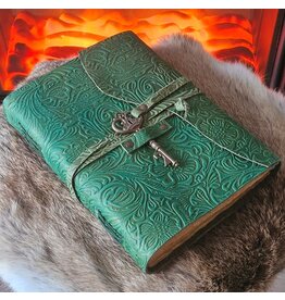 JM Handicrafts Groen Leren Dagboek Bloemenrelief en Sleutel Handgemaakt Vintage