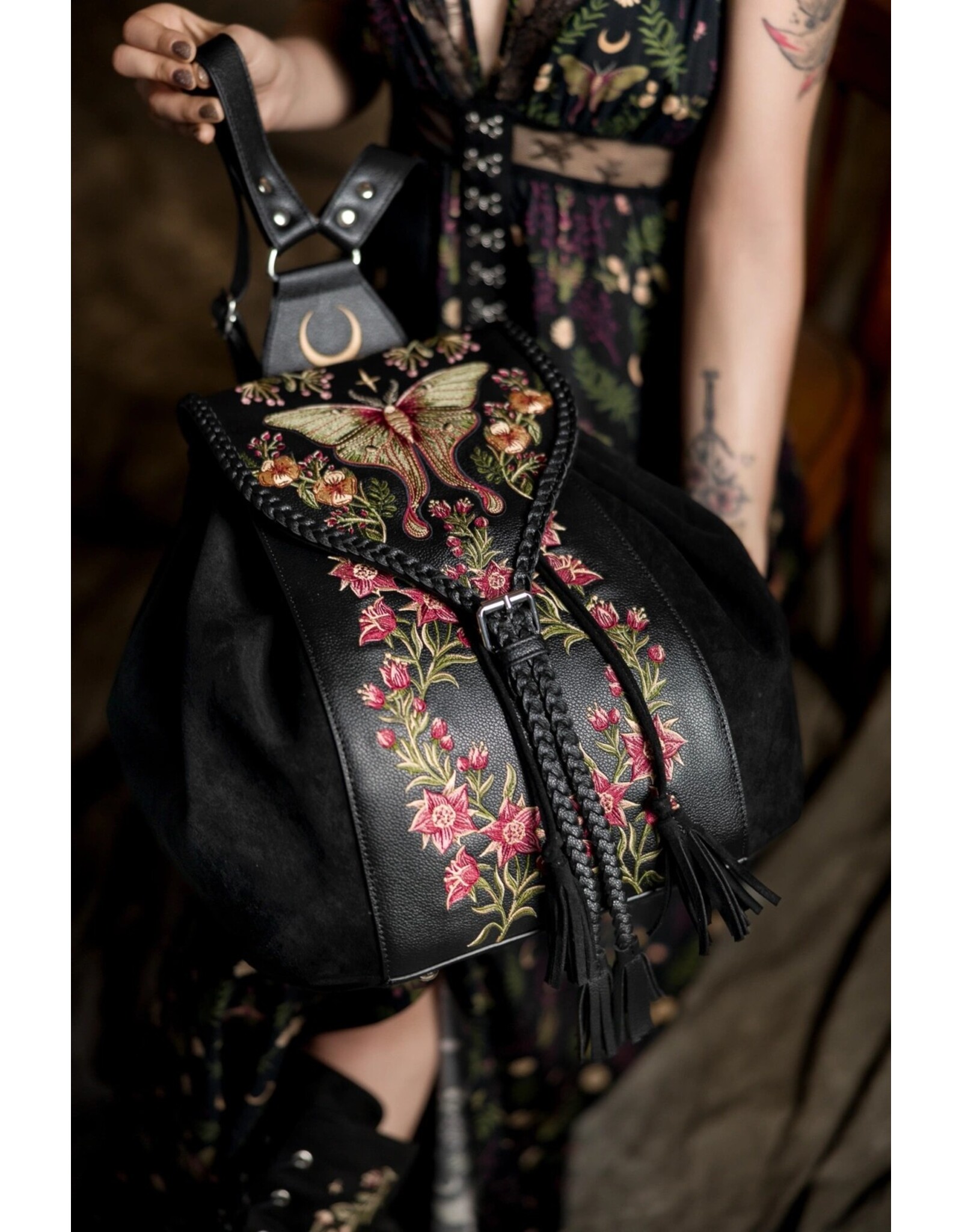 Restyle Fantasy bags and wallets - Wilderwood Backpack with Embroidered Moth and Wild Flowers