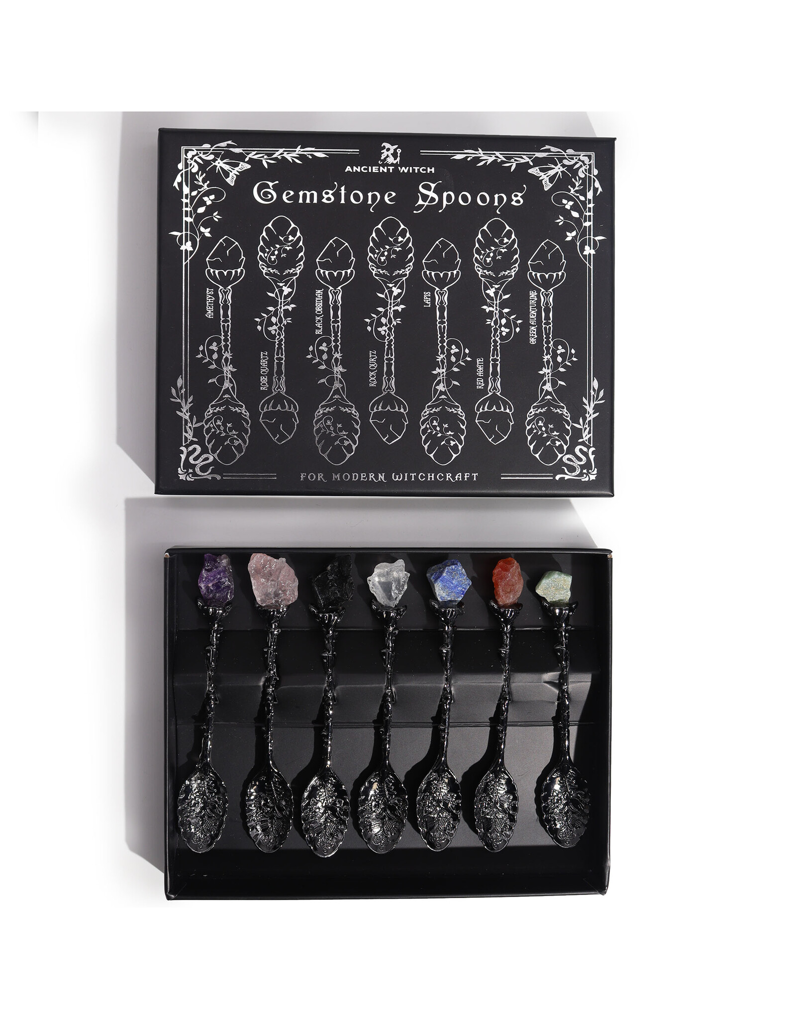 AWG Miscellaneous - Set of 7 Witch Spoons with Gemstone Crystals Dark Silver