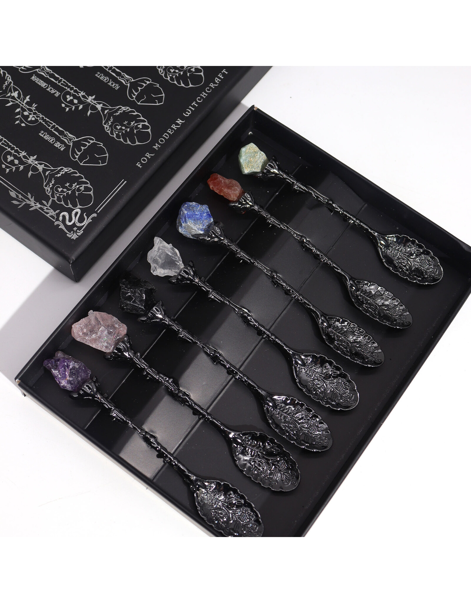 AWG Miscellaneous - Set of 7 Witch Spoons with Gemstone Crystals Dark Silver