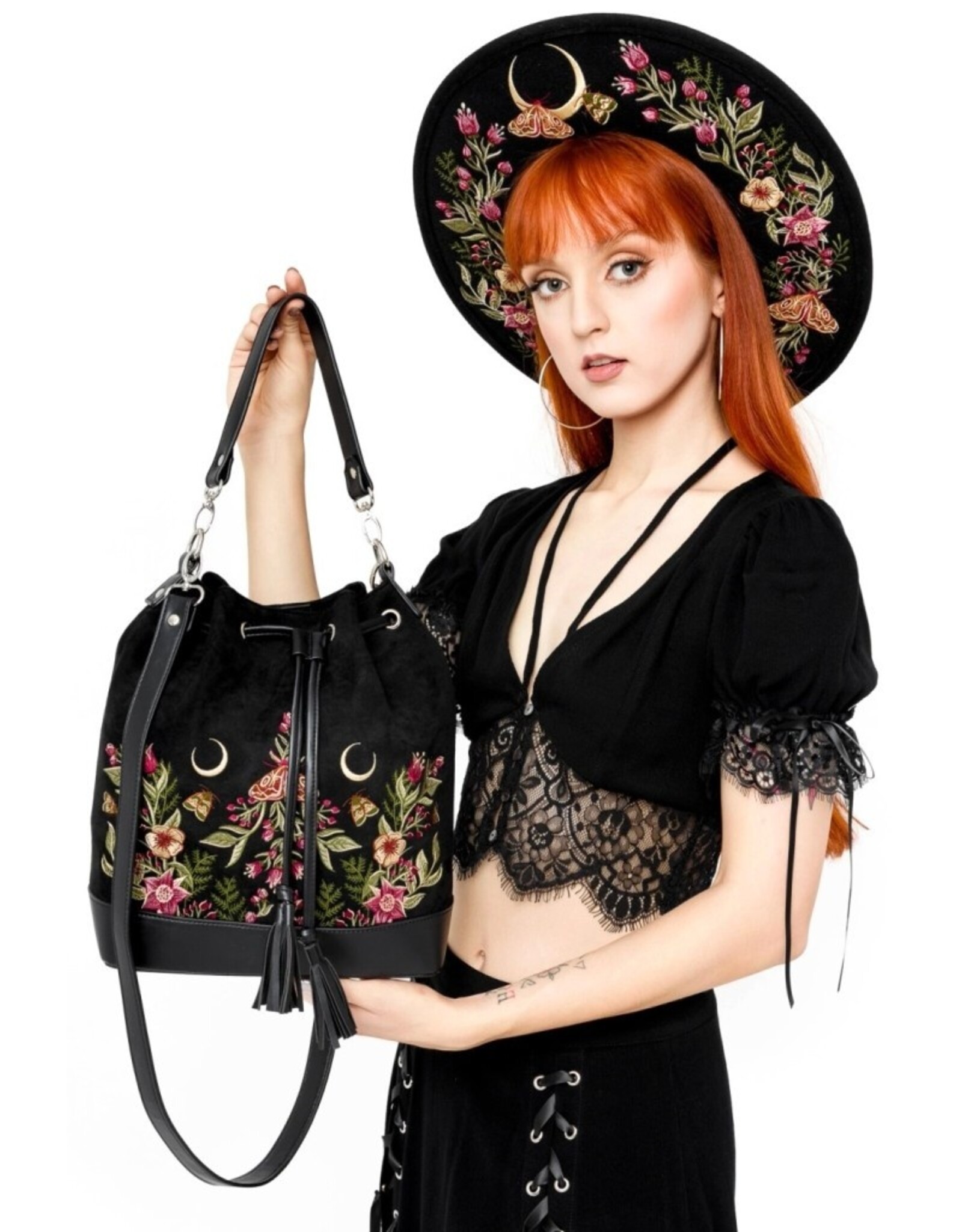 Restyle Gothic tassen Steampunk tassen - Wildflower Bucket Handtas met  Boorduurwerk