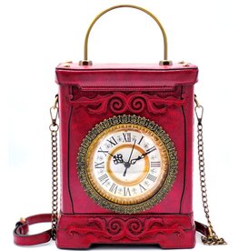 Magic Bags Handtas met Werkende Klok Vintage stijl wijnrood