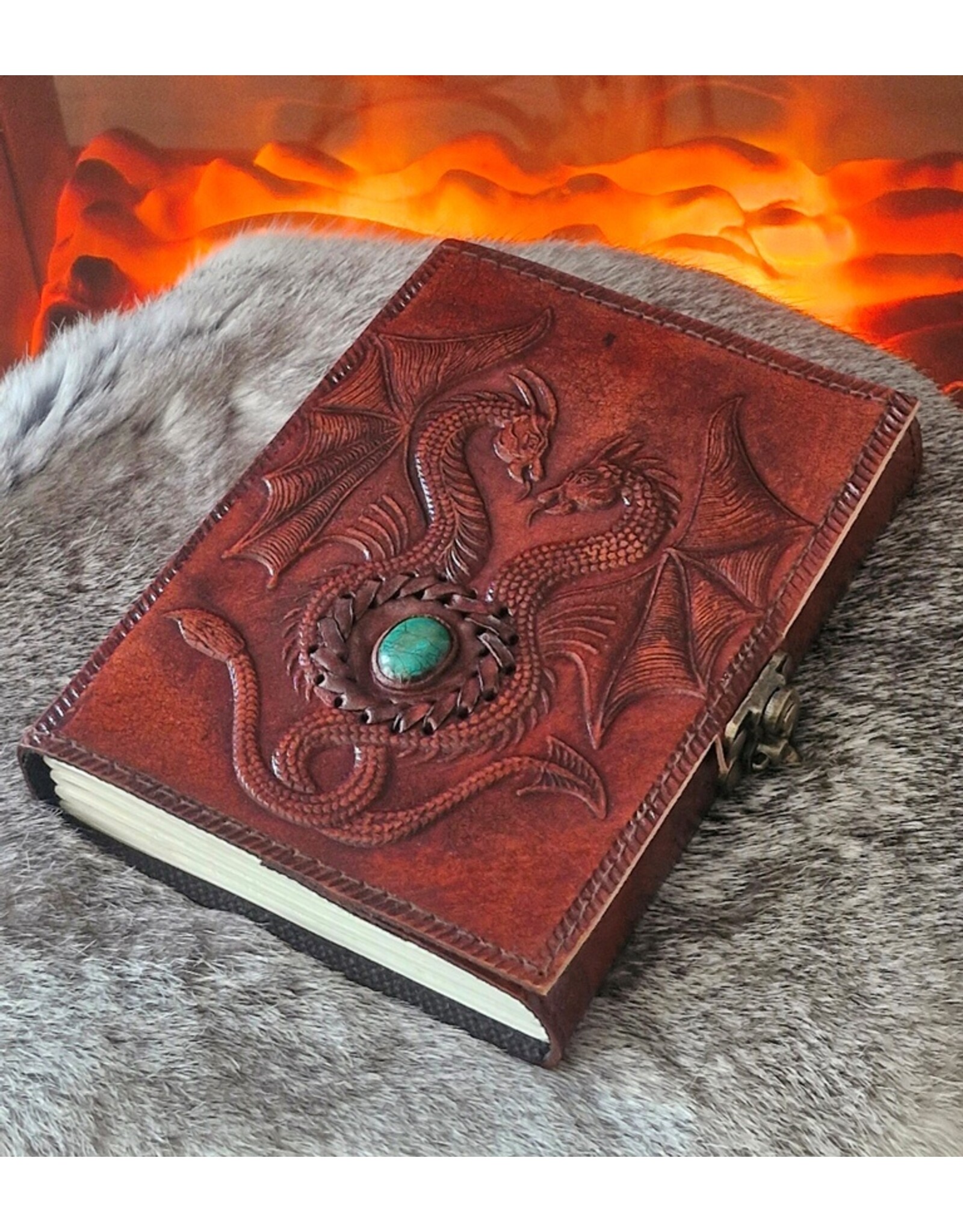 AWG Miscellaneous - Leather Journal with Two Dragons and Turquoise