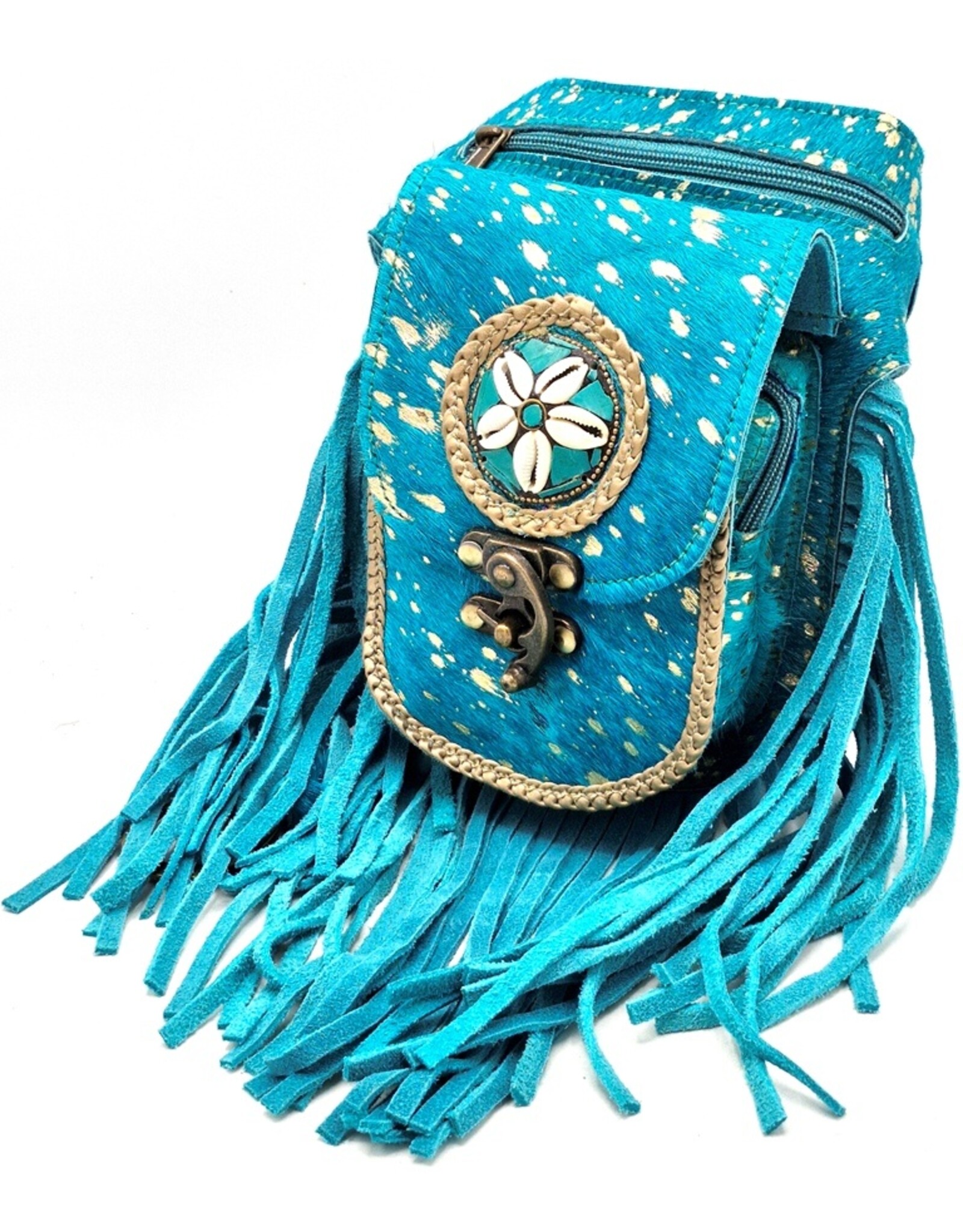 Trukado Leren Festivaltasjes, heuptassen en riemtassen - Koeienhuid Heuptas met franjes Ibiza Stijl (hazelnoot)