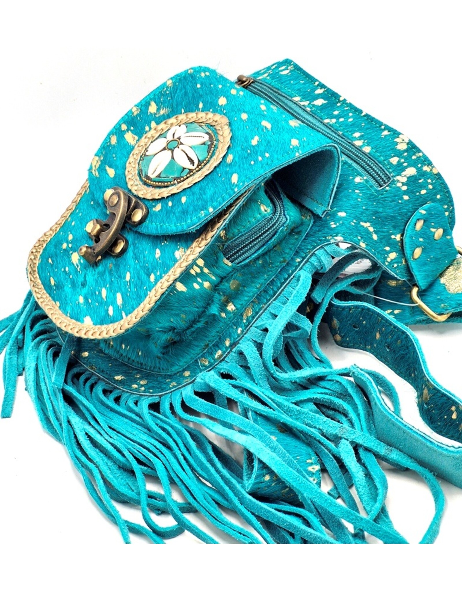 Trukado Leren Festivaltasjes, heuptassen en riemtassen - Koeienhuid Heuptas met franjes Ibiza Stijl (hazelnoot)