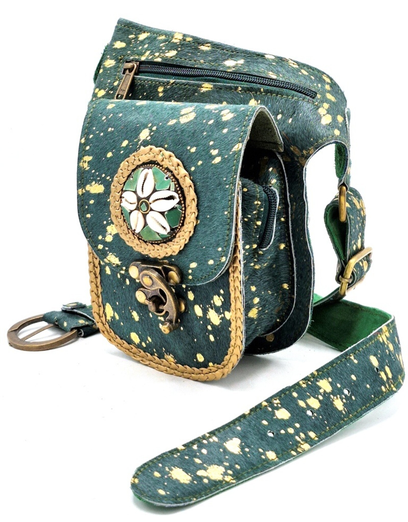 Trukado Leren Festivaltasjes, heuptassen en riemtassen - Heuptas met franjes Koeienhuid Ibiza Stijl groen