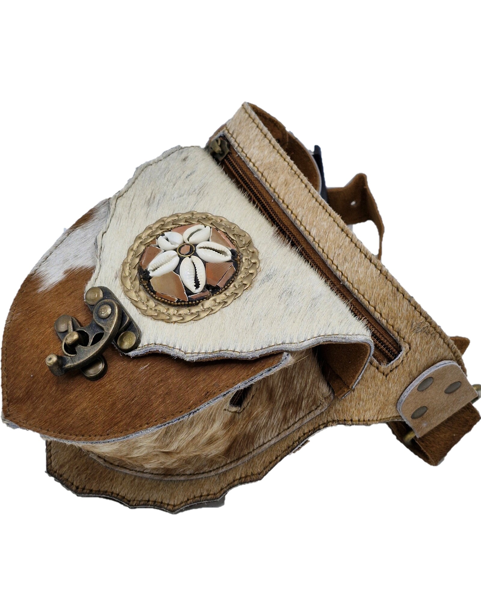 Trukado Leren Festivaltasjes, heuptassen en riemtassen -  Koeienhuid Heuptas  met Vintage Haakje bruin/creme/wit