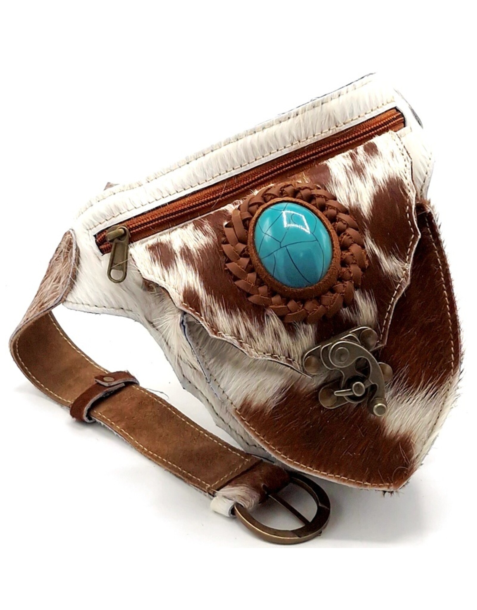 Trukado Leather Festival bags, waist bags and belt bags - Cowhide waist bag with hook and Turquoise stone Ibiza Style