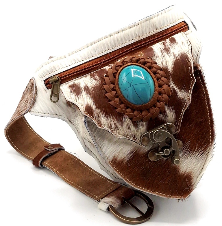 Cowhide waist bag with hook and Turquoise stone | Boutique  display picture 1