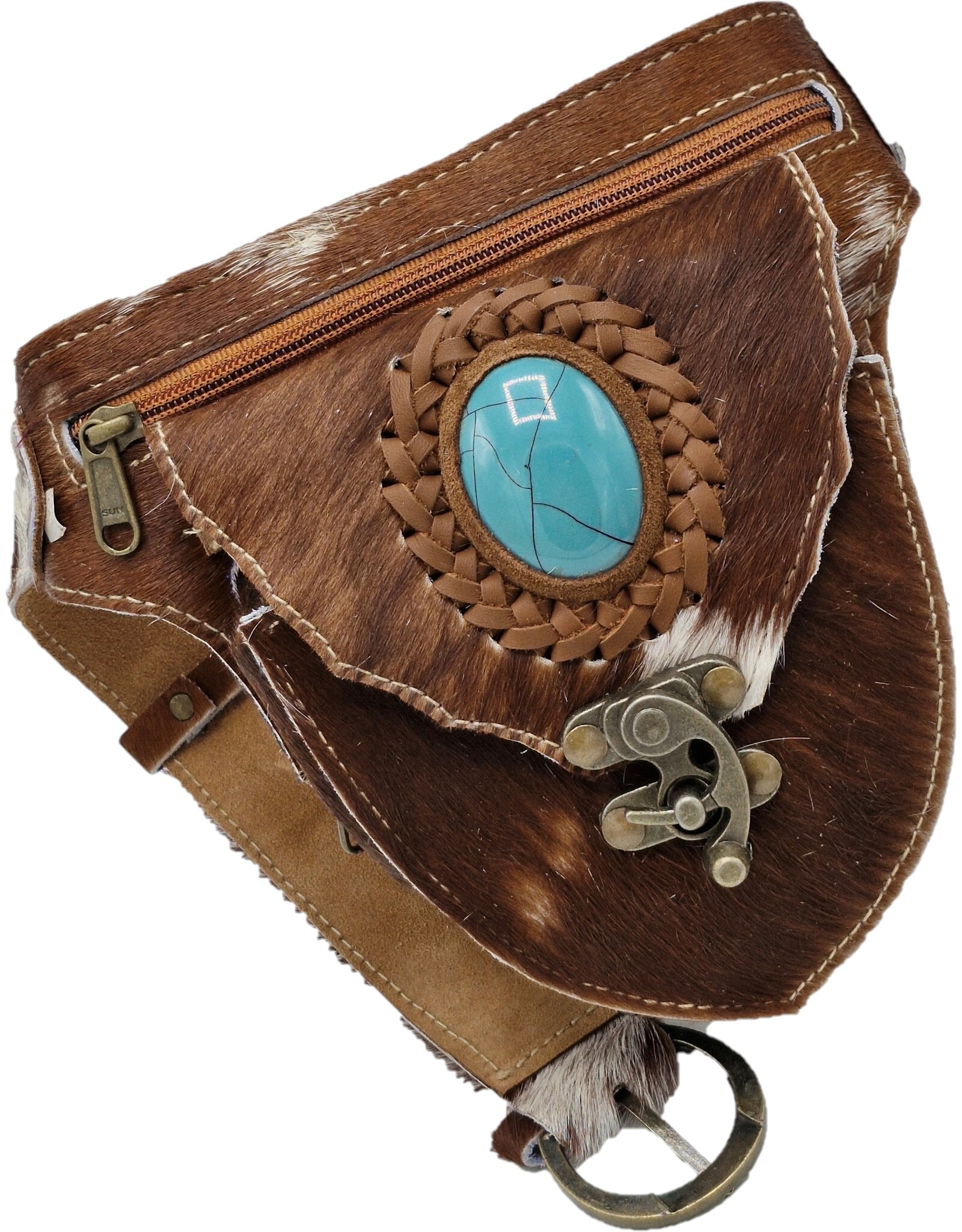 Trukado Leather Festival bags, waist bags and belt bags -   Cowhide waist bag with hook and Turquoise Stone Ibiza Style