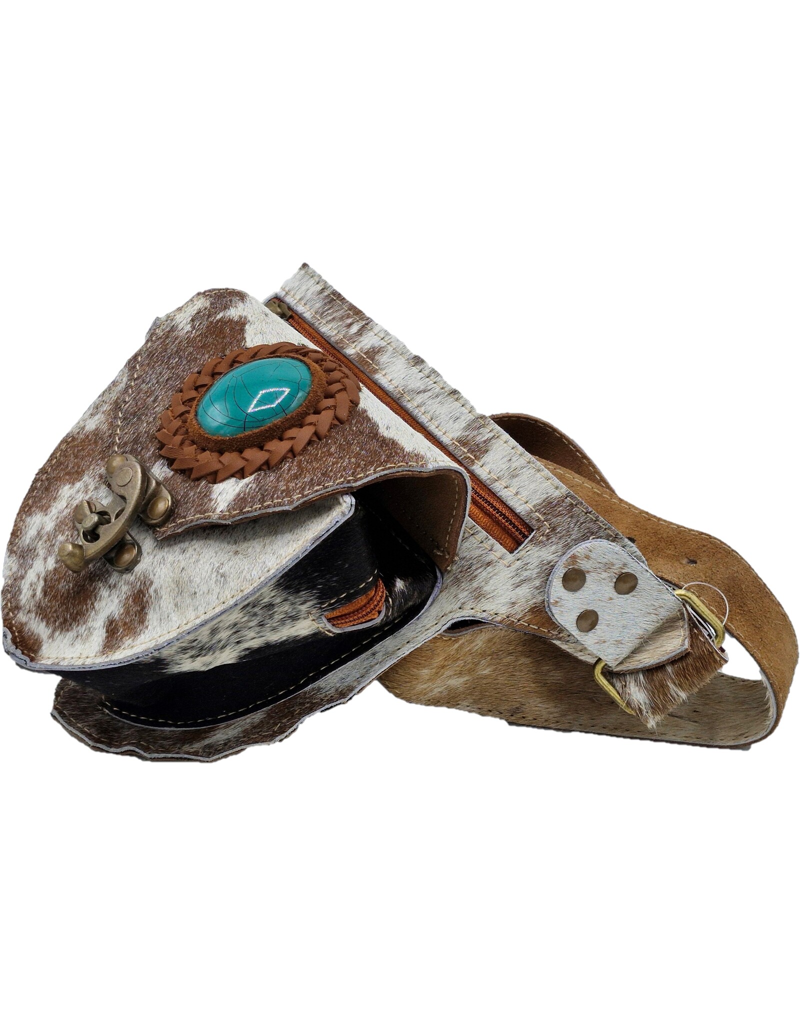 Trukado Leren Festivaltasjes, heuptassen en riemtassen - Koeienhuid heuptas met turquoise steen Ibiza Stijl