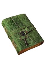 BB Miscellaneous - Green Leather Journal Embossed Flowers & Key Handmade Vintage