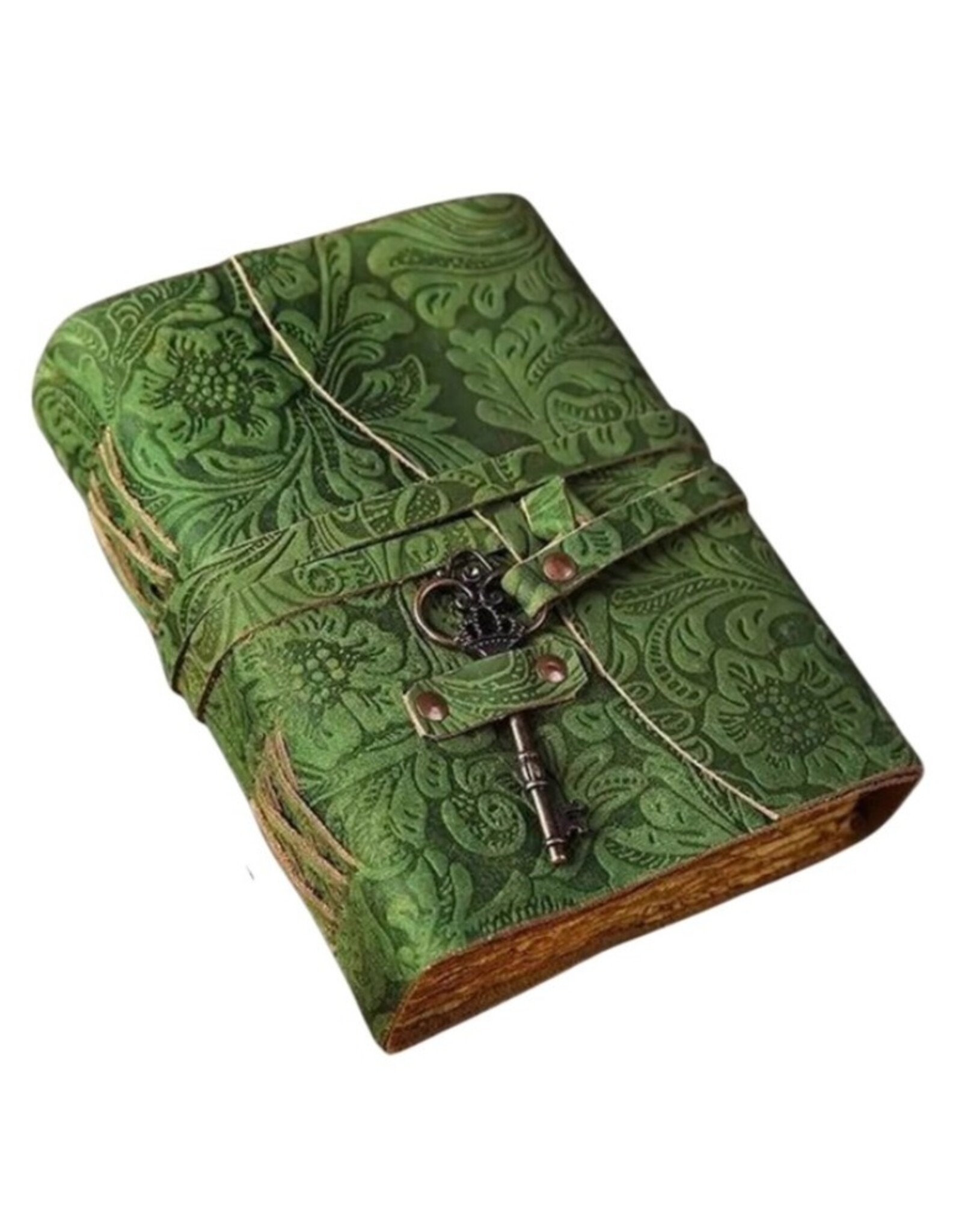 BB Miscellaneous - Green Leather Journal Embossed Flowers & Key Handmade Vintage