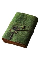 BB Miscellaneous - Groen Leren Dagboek Bloemenrelief en Sleutel Handgemaakt Vintage