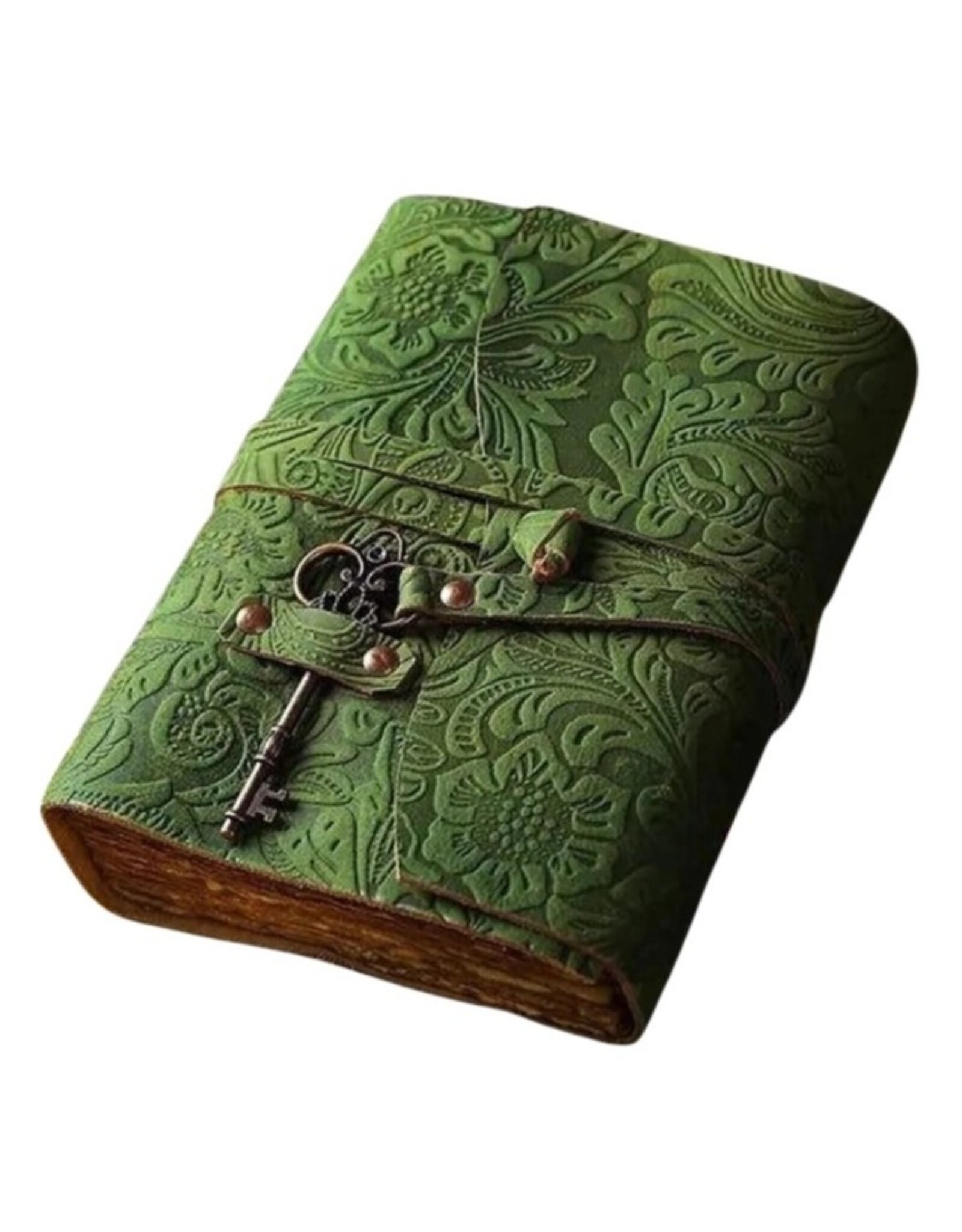 BB Miscellaneous - Groen Leren Dagboek Bloemenrelief en Sleutel Handgemaakt Vintage