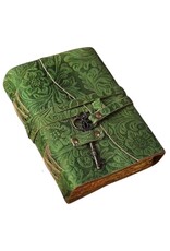 BB Miscellaneous - Green Leather Journal Embossed Flowers & Key Handmade Vintage