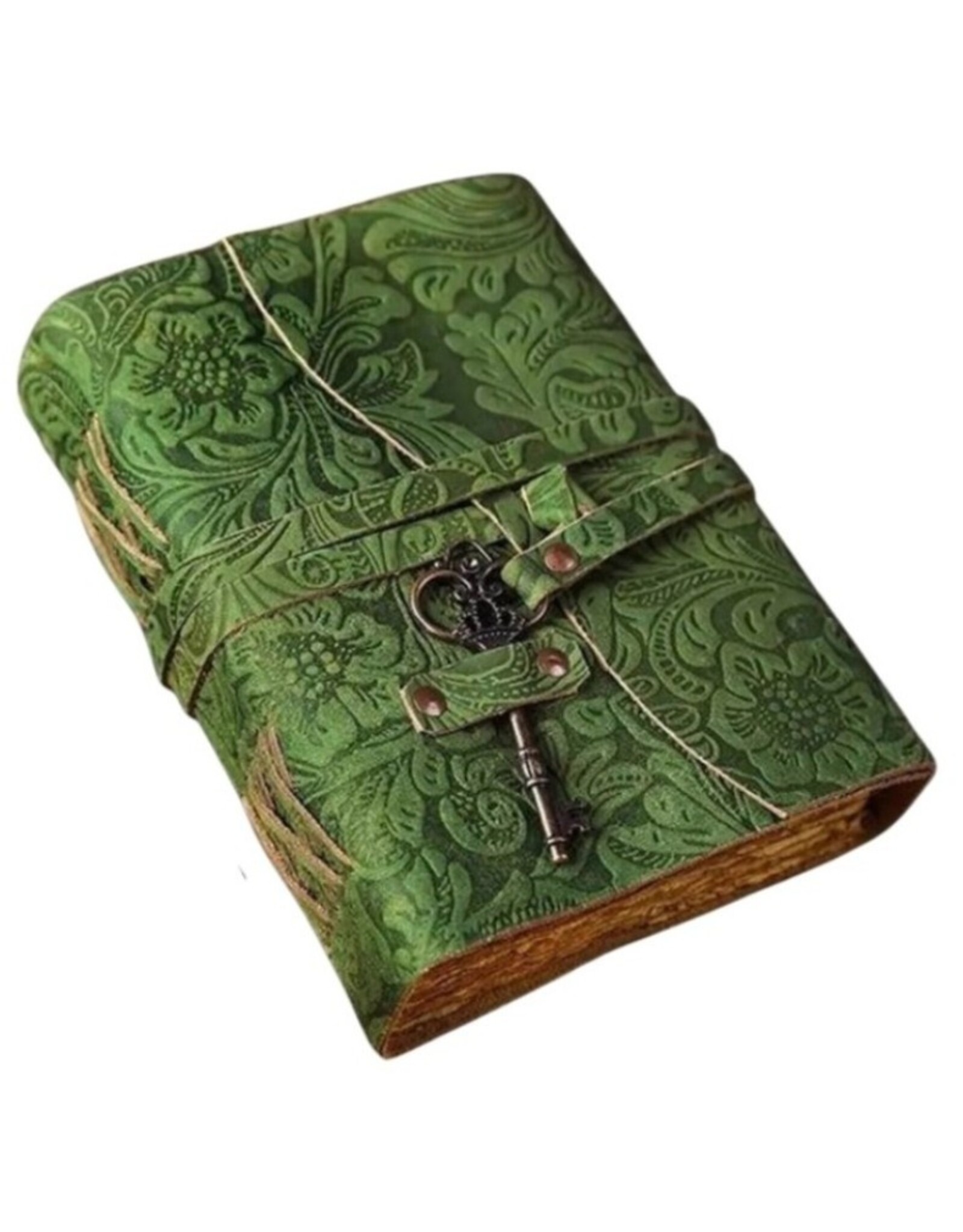 BB Miscellaneous - Groen Leren Dagboek Bloemenrelief en Sleutel Handgemaakt Vintage