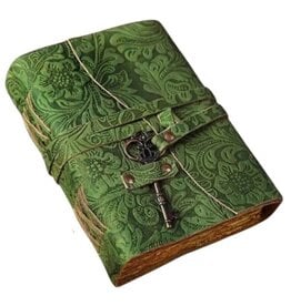 BB Green Leather Journal Embossed Flowers & Key Handmade Vintage