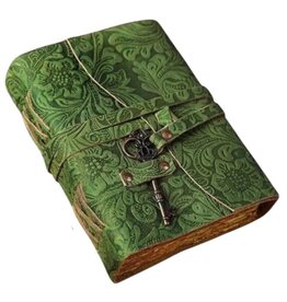 BB Groen Leren Dagboek Bloemenrelief en Sleutel Handgemaakt Vintage