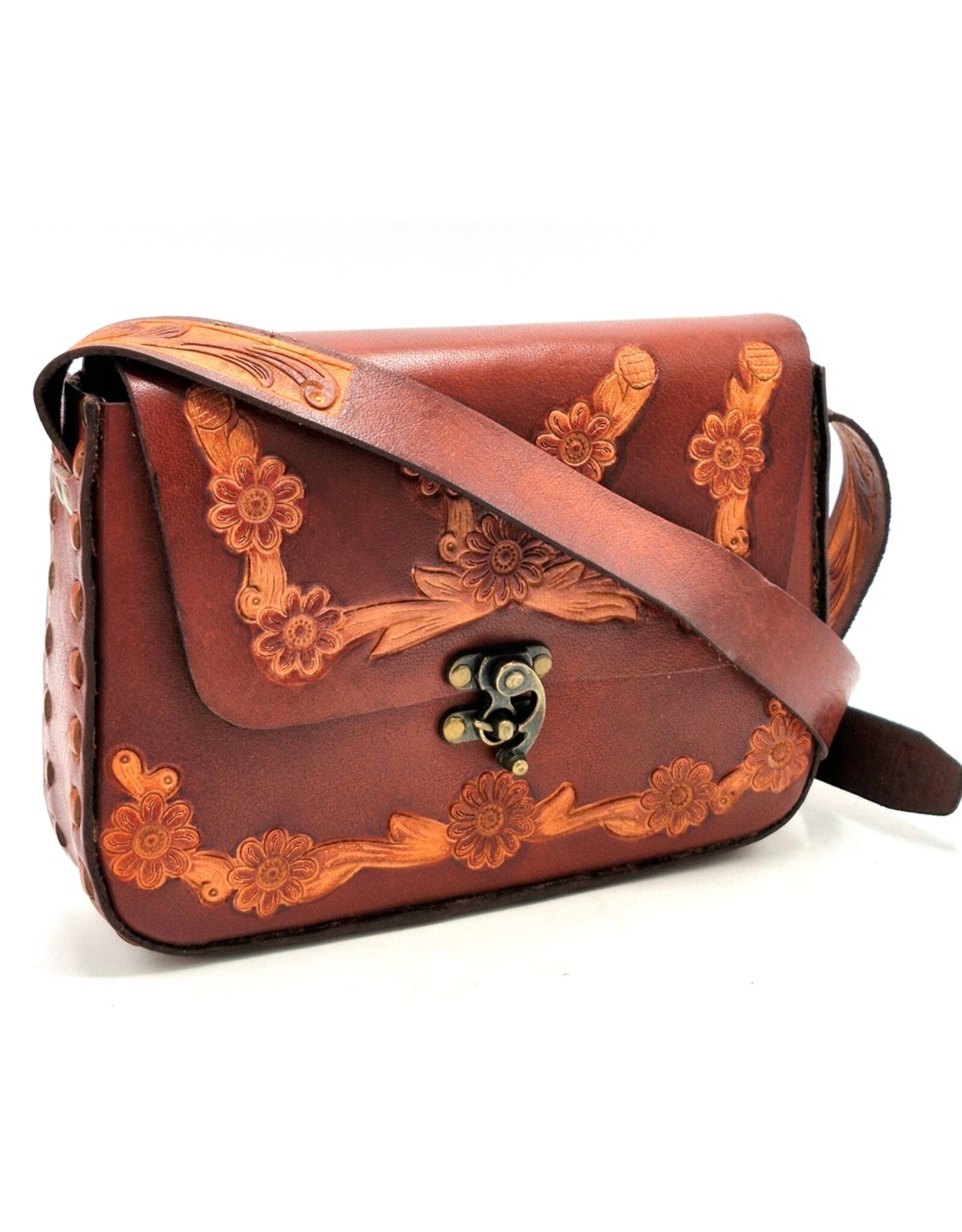 Trukado Leather bags - Leather Saddle Bag with Floral Embossing and Hook