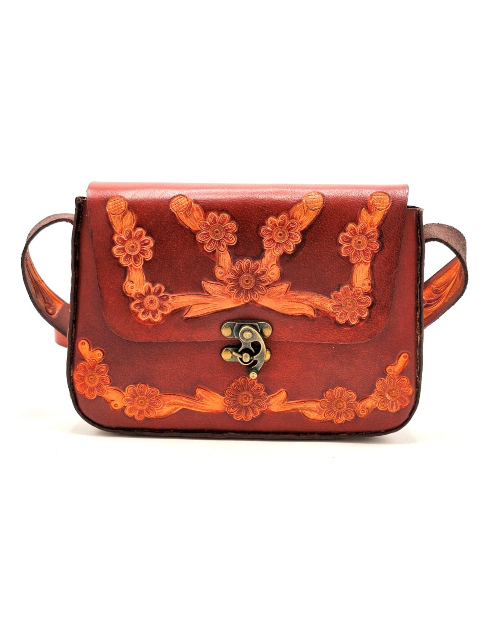 Trukado Leather bags - Leather Saddle Bag with Floral Embossing and Hook