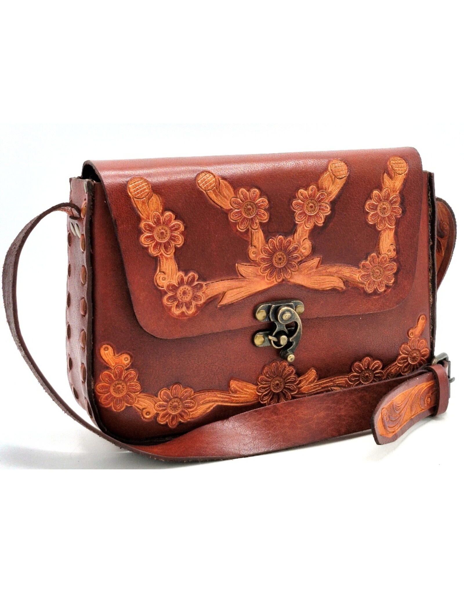Trukado Leather bags - Leather Saddle Bag with Floral Embossing and Hook