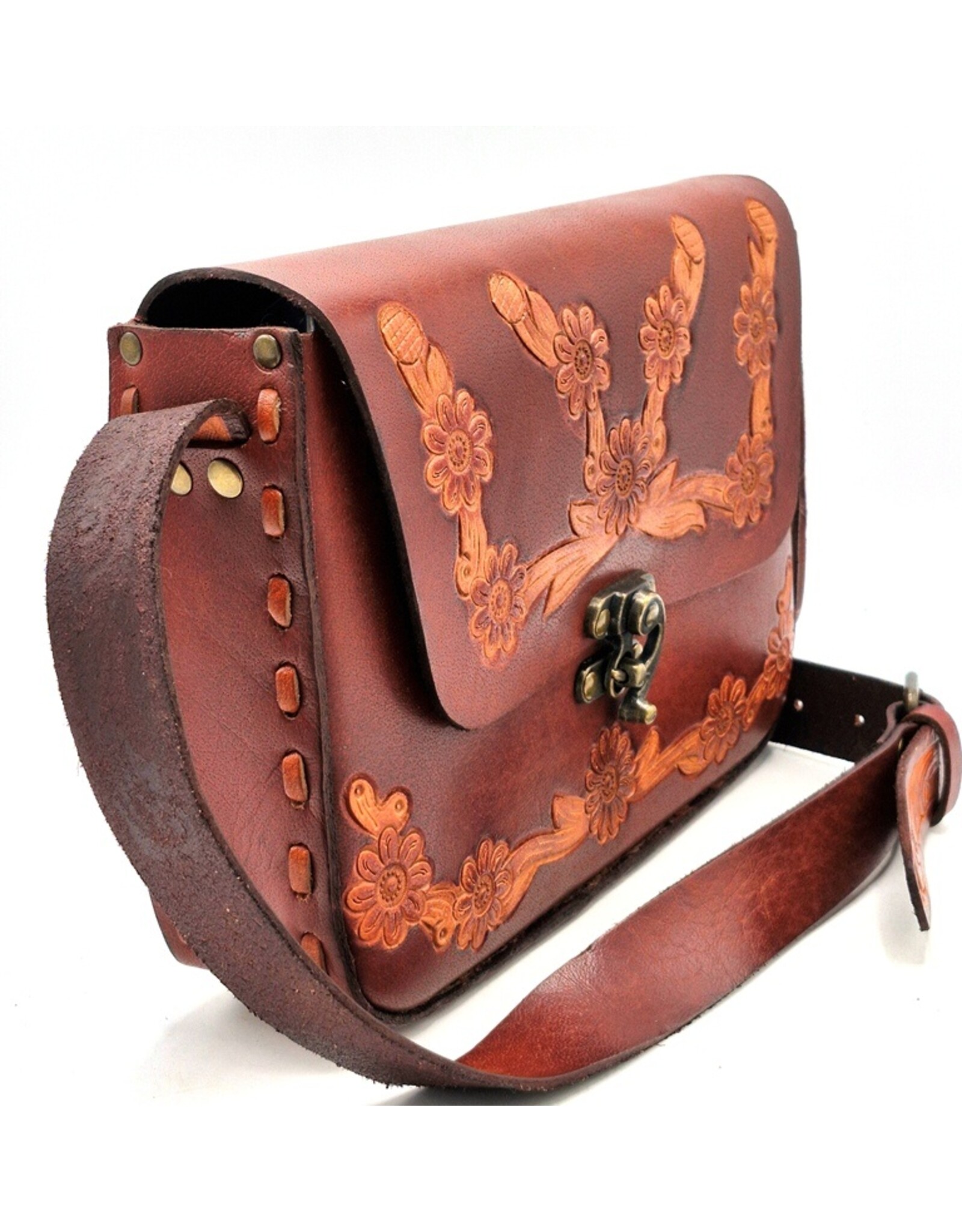 Trukado Leather bags - Leather Saddle Bag with Floral Embossing and Hook