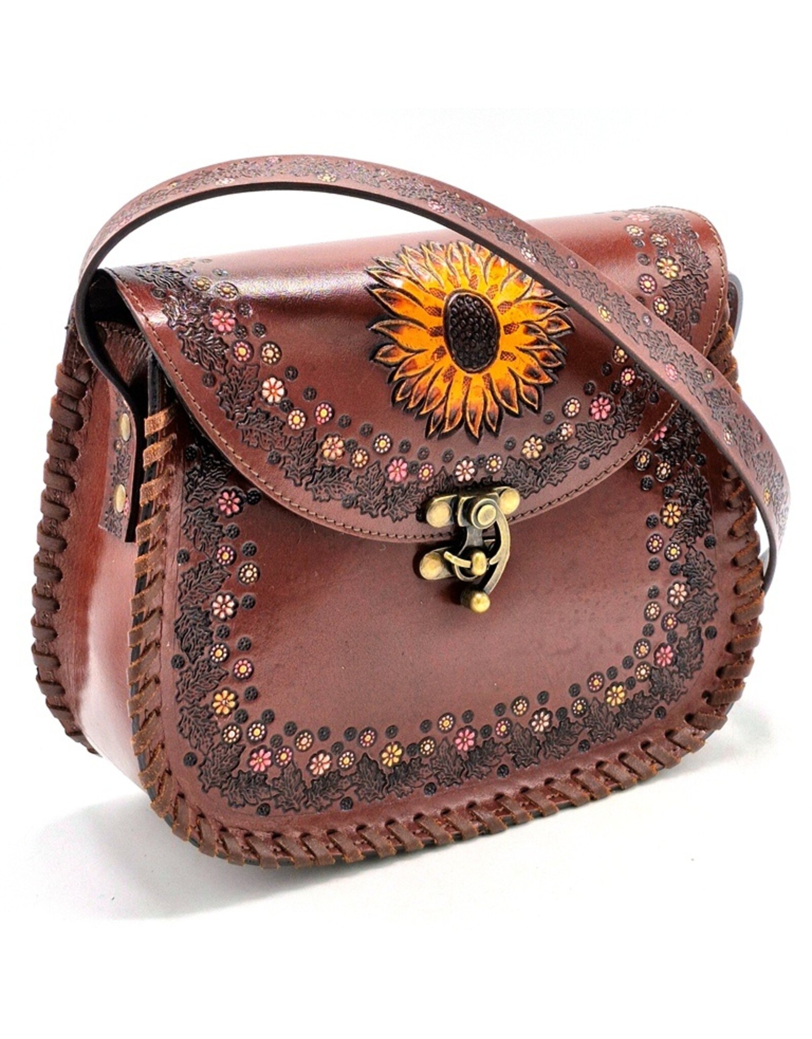 Trukado Leather Shoulder bags  leather crossbody bags - Leather Saddle Bag with Embossed Sunflower and Hook